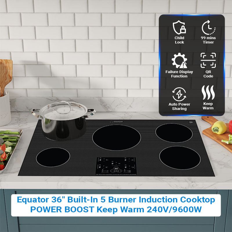Equator 36 inch Built-In 5 Burner Induction Cooktop POWER BOOST Keep Warm 240V/9600W
