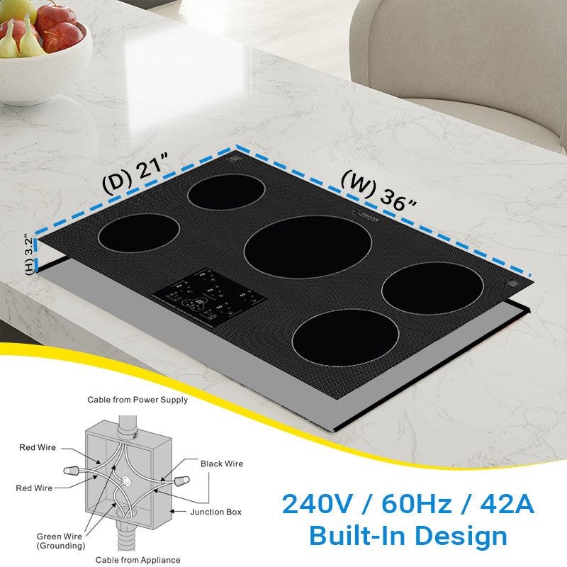 Equator 36 inch Built-In 5 Burner Induction Cooktop POWER BOOST Keep Warm 240V/9600W