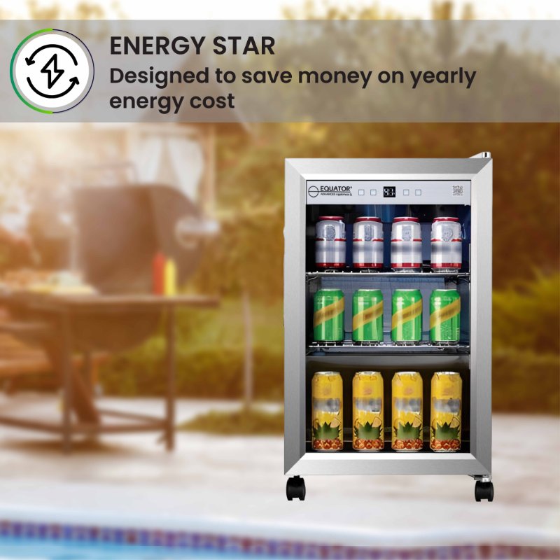 Refrigerador para interiores/exteriores de 2.3 pies cúbicos, clasificación IPX4, acero inoxidable, empotrable/independiente, capacidad para 85 latas, silencioso (42 dB)