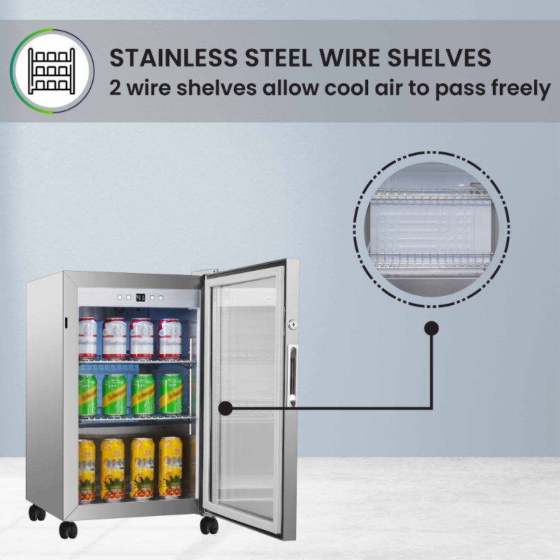 Refrigerador para interiores/exteriores de 2.3 pies cúbicos, clasificación IPX4, acero inoxidable, empotrable/independiente, capacidad para 85 latas, silencioso (42 dB)