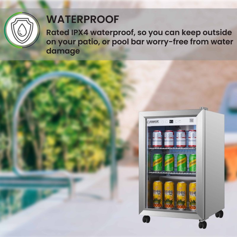 Refrigerador para interiores/exteriores de 2.3 pies cúbicos, clasificación IPX4, acero inoxidable, empotrable/independiente, capacidad para 85 latas, silencioso (42 dB)