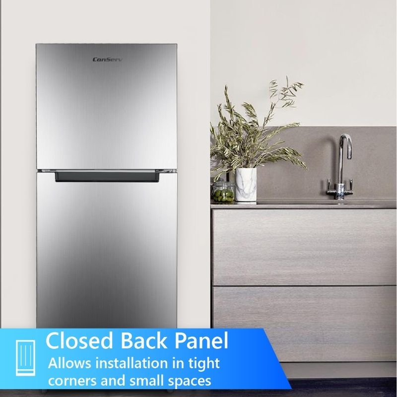 Refrigerador Conserv de 10 pies cúbicos, congelador superior, 24 pulgadas, sin escarcha, Energy Star, silencioso 43dB, 110V, acero inoxidable
