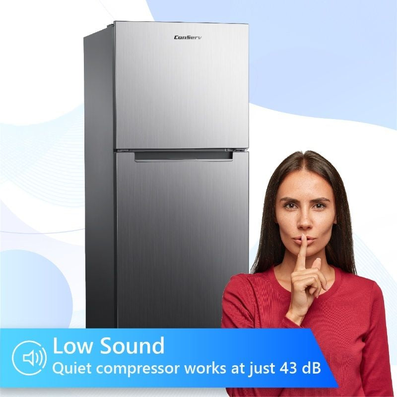 Refrigerador Conserv de 10 pies cúbicos, congelador superior, 24 pulgadas, sin escarcha, Energy Star, silencioso 43dB, 110V, acero inoxidable