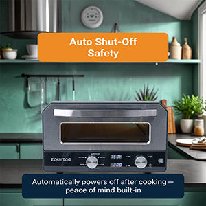 Horno para pizza Equator de 0.5 pies cúbicos para interiores/exteriores con piedra para hornear auténtica – Cocina pizzas de 12 pulgadas, 6 modos preestablecidos, ajustes personalizados y juego de accesorios para un verdadero sabor a pizzería en casa