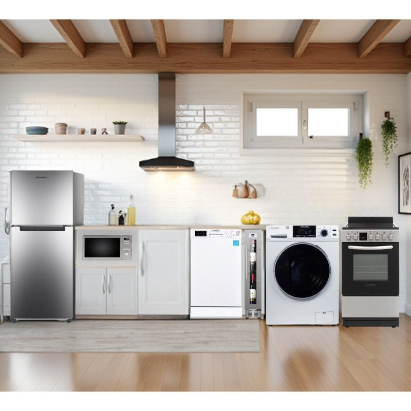 PAQUETE DE ELECTRODOMÉSTICOS PARA MINICASA DE 400 PIES CUADRADOS: Lavadora-secadora combinada + Lavavajillas + Cocina + Refrigerador + Microondas + Refrigerador de vinos