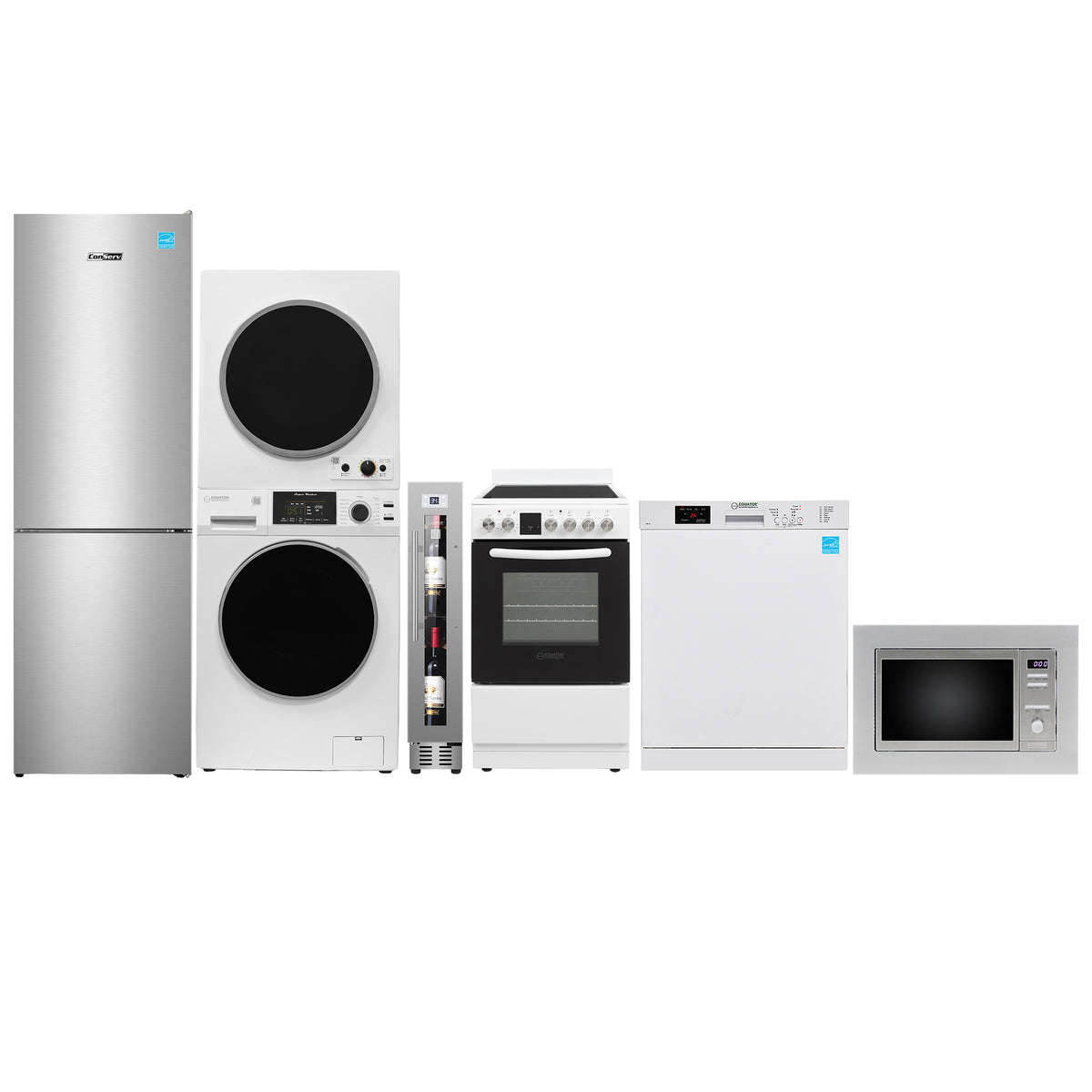 SMALL HOME 800 SQ. FT APPLIANCE PACK- Washer+Dryer+Dishwasher+Cooking Range+Refrigerator+Microwave+Wine Ref
