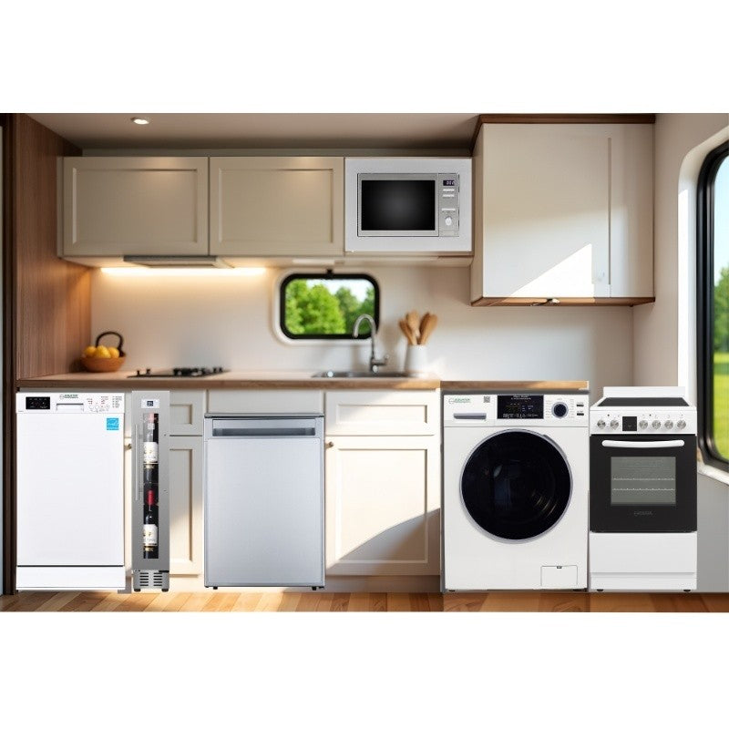 PACK D'APPAREILS COMPACTS POUR VR - Laveuse-sécheuse combinée + Lave-vaisselle + Cuisinière + Réfrigérateur + Micro-ondes + Cave à vin