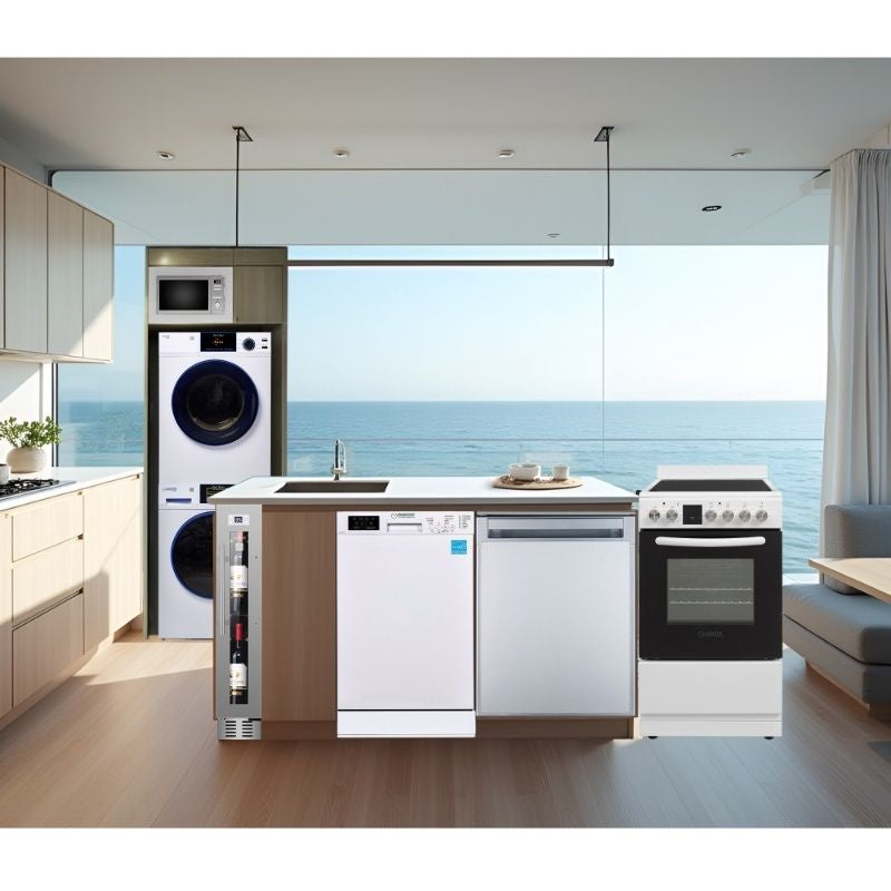 PAQUETE DE ELECTRODOMÉSTICOS estándar marino - Combo de lavadora+secadora+lavavajillas+estufa+refrigerador+microondas+refrigerador para vinos