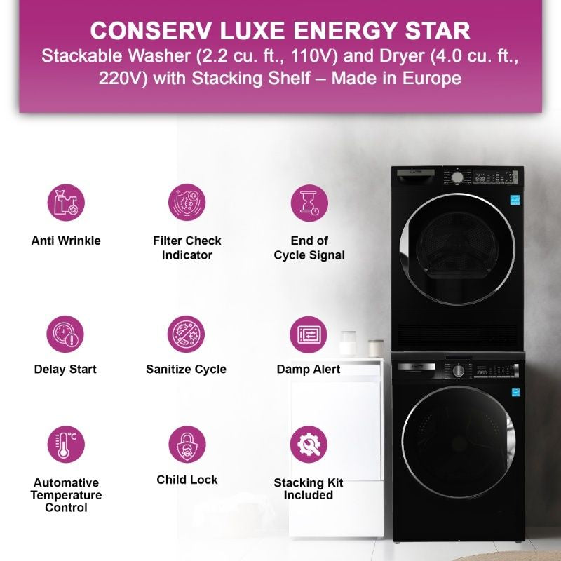 Lavadora Conserv Luxe de 2.2 pies cúbicos 110V + Secadora de condensación de 4 pies cúbicos 220V, garantía de 2 años