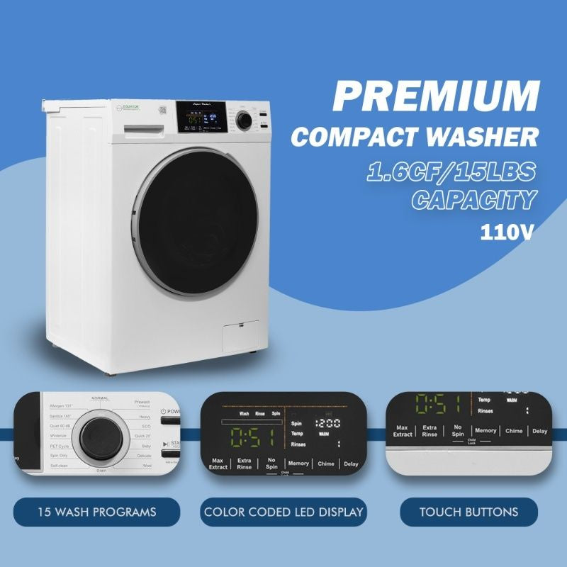Laveuse à chargement frontal 1,6 pi³/15 lb, blanc, 110 V, 15 programmes + cycle pour animaux de compagnie