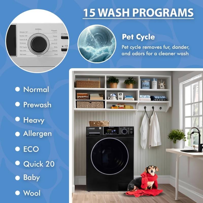 Laveuse à chargement frontal 1,6 pi³/15 lb, blanc, 110 V, 15 programmes + cycle pour animaux de compagnie