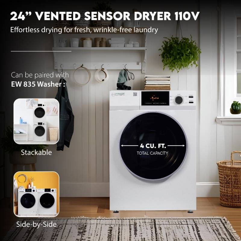 Secadora Equator Deluxe de 24 pulgadas, CON VENTILACIÓN, con sensor, higienización, 4 pies cúbicos, control táctil, 110 V, DIGITAL (Reacondicionada)