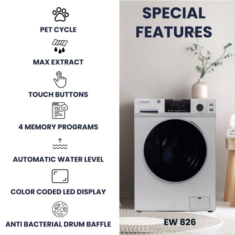 LAVADORA PREMIUM APILABLE 110V EW 826 1.62 pies cúbicos 15 libras + SECADORA VENTILADA DIGI ED 852 3.5 pies cúbicos