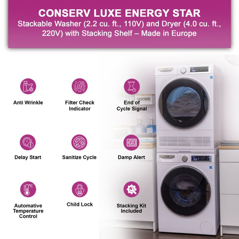 Lavadora Conserv Luxe de 2.2 pies cúbicos 110V + Secadora de condensación de 4 pies cúbicos 220V, garantía de 2 años