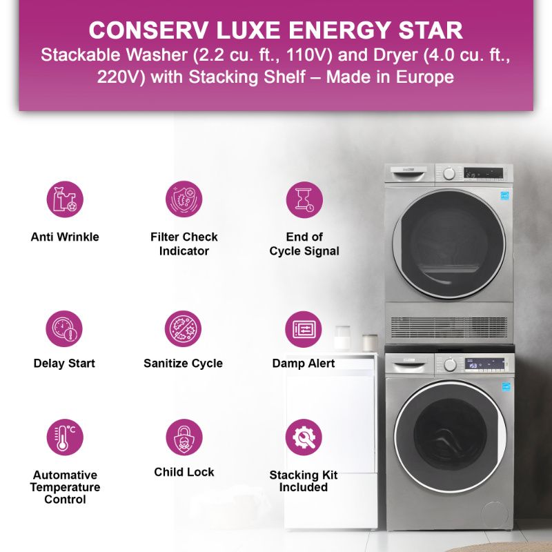 Lavadora Conserv Luxe de 2.2 pies cúbicos 110V + Secadora de condensación de 4 pies cúbicos 220V, garantía de 2 años