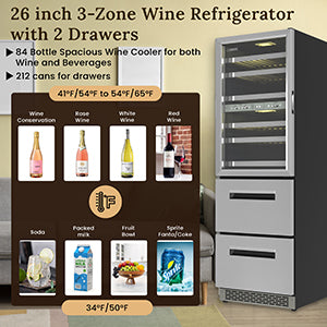 Equator Connoisseurs Club 3-Zone 84 Bottle Wine Refrigerator+2 Drawers 110V