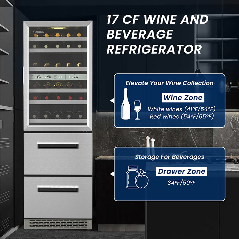 Equator Connoisseurs Club 3-Zone 84 Bottle Wine Refrigerator+2 Drawers 110V