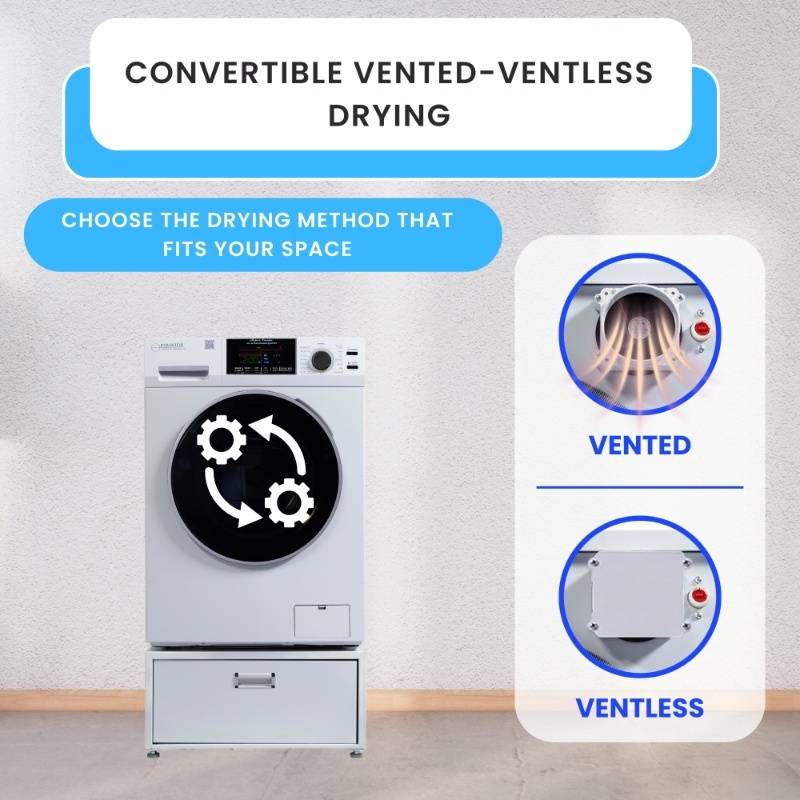 Lavadora secadora todo en uno CONVERTIBLE PET Ciclo de higienización 1.62 pies cúbicos/15 libras 1400 RPM + Pedestal