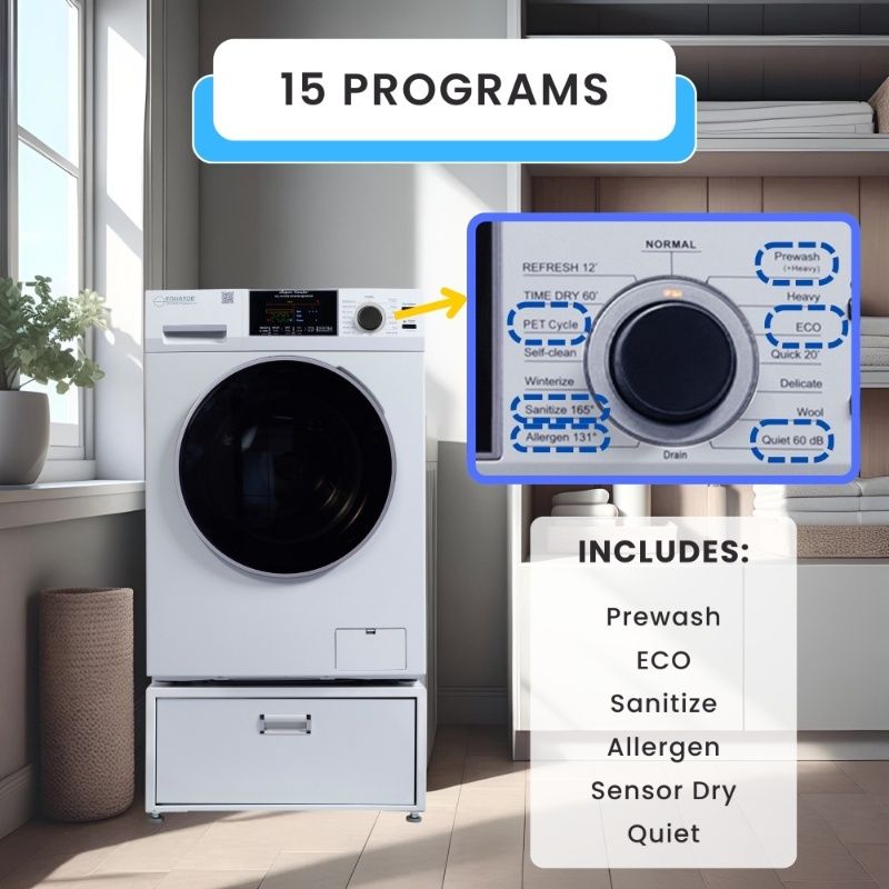 Lavadora secadora todo en uno CONVERTIBLE PET Ciclo de higienización 1.62 pies cúbicos/15 libras 1400 RPM + Pedestal