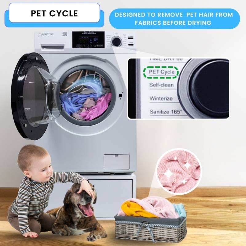 Lavadora secadora todo en uno CONVERTIBLE PET Ciclo de higienización 1.62 pies cúbicos/15 libras 1400 RPM + Pedestal