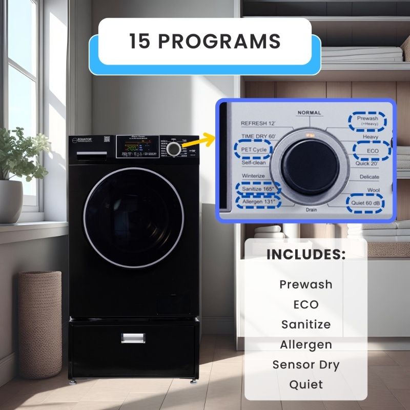 Lavadora secadora todo en uno CONVERTIBLE PET Ciclo de higienización 1.62 pies cúbicos/15 libras 1400 RPM + Pedestal