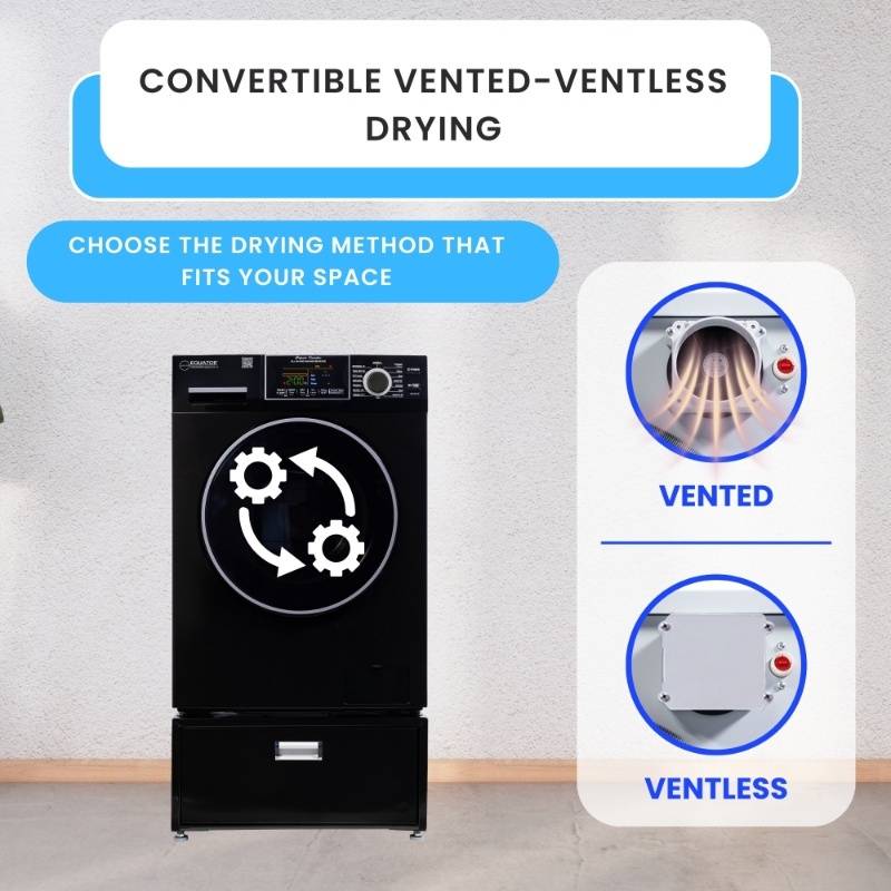 Lavadora secadora todo en uno CONVERTIBLE PET Ciclo de higienización 1.62 pies cúbicos/15 libras 1400 RPM + Pedestal