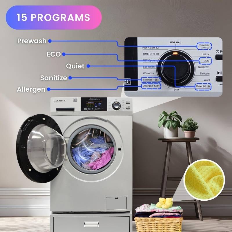 Lavadora secadora todo en uno sin ventilación, TOTALMENTE INTEGRABLE, espacio cero, 1.62 pies cúbicos/15 libras, 110V, 1400 RPM + pedestal
