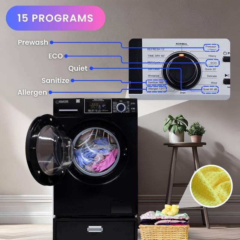 Lavadora secadora todo en uno sin ventilación, TOTALMENTE INTEGRABLE, espacio cero, 1.62 pies cúbicos/15 libras, 110V, 1400 RPM + pedestal