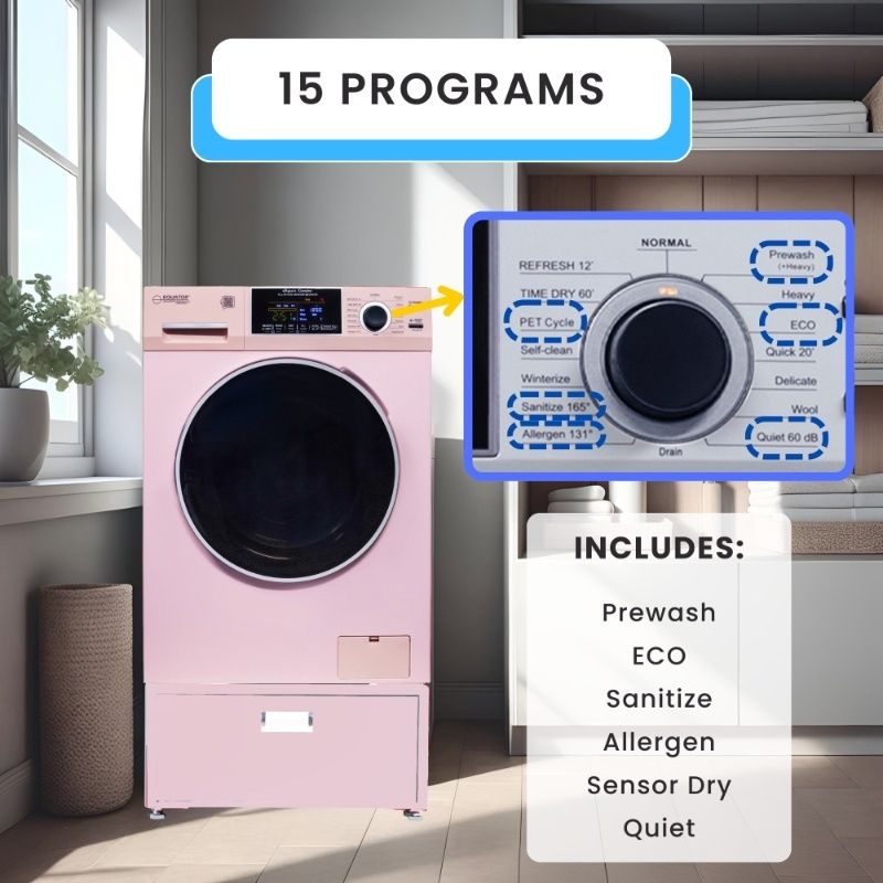 Lavadora secadora todo en uno CONVERTIBLE PET Ciclo de higienización 1.62 pies cúbicos/15 libras 1400 RPM + Pedestal