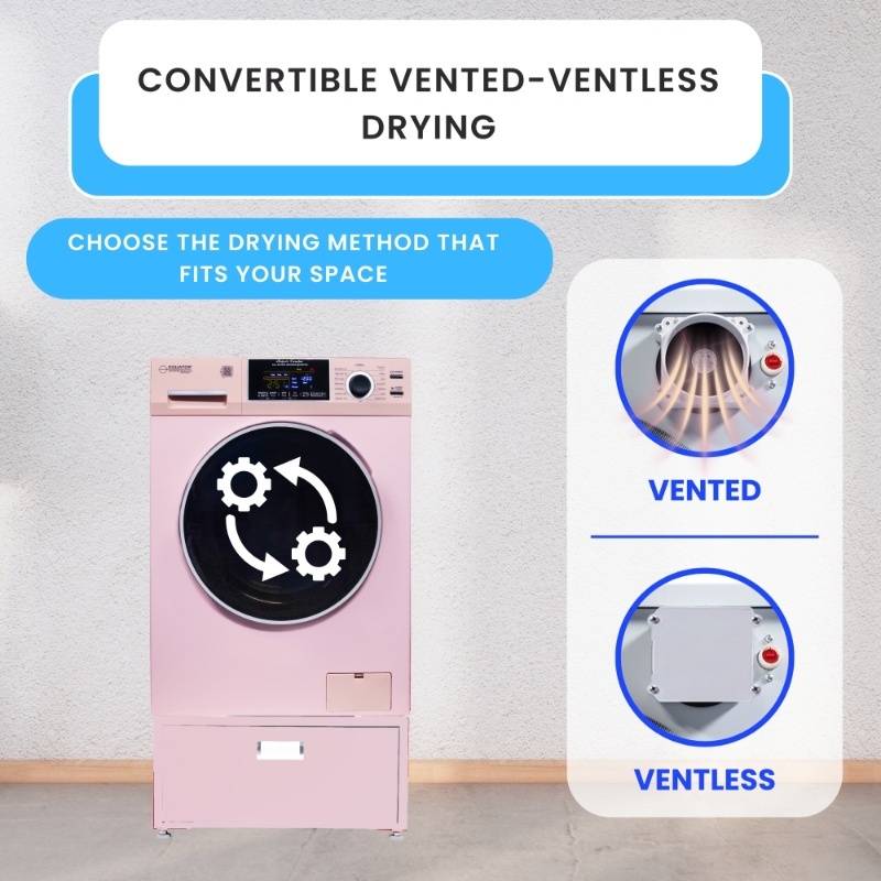 Lavadora secadora todo en uno CONVERTIBLE PET Ciclo de higienización 1.62 pies cúbicos/15 libras 1400 RPM + Pedestal
