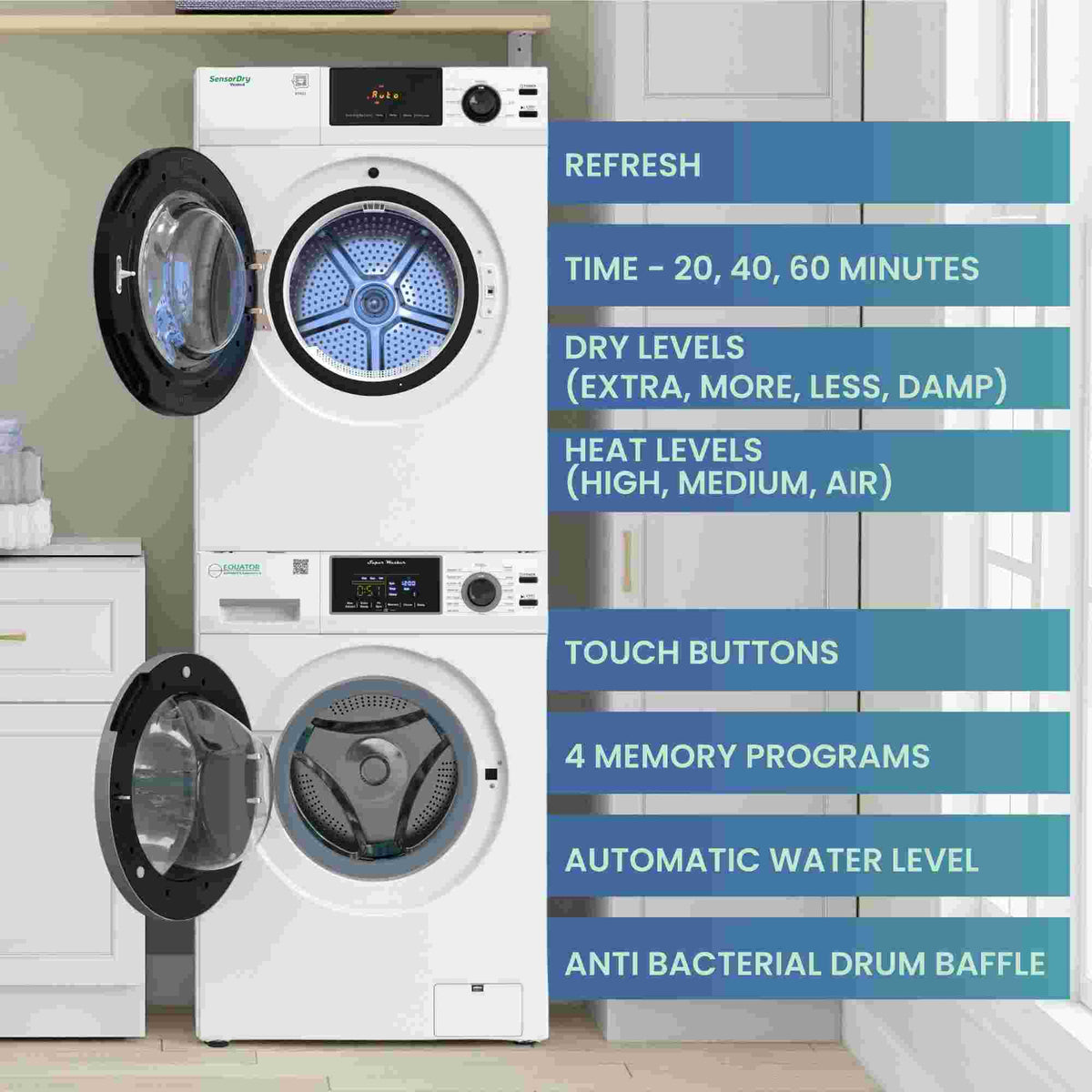 Set de lavandería: Lavadora de 18 libras (1.9 pies cúbicos) + Secadora de ventilación de 4 pies cúbicos, SALIDA ÚNICA de 110V