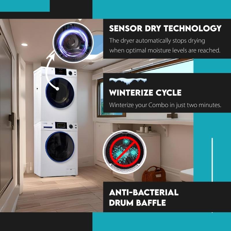 MARINE ANTI CORROSION Stackable Compact Washer 1.6cf+Sensor Dryer 3.1cf 110V