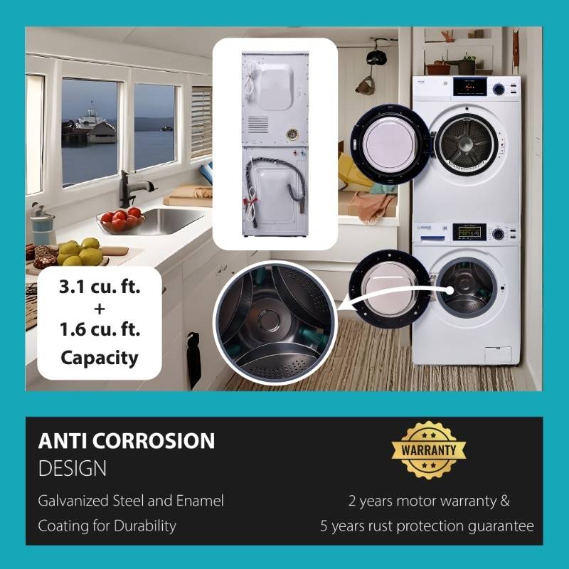 MARINE ANTI CORROSION Stackable Compact Washer 1.6cf+Sensor Dryer 3.1cf 110V