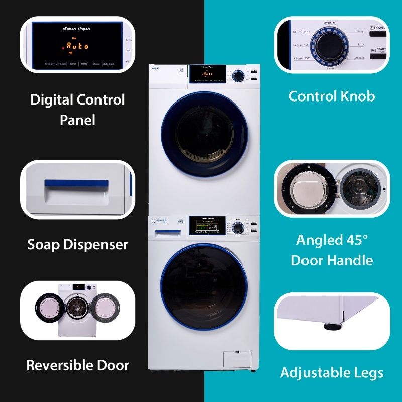MARINE ANTI CORROSION Stackable Compact Washer 1.6cf+Sensor Dryer 3.1cf 110V