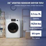 PREMIUM Compact 24 in VENTED Dryer w/Washer SOCKET 3.1cf/13lb SENSOR 110V