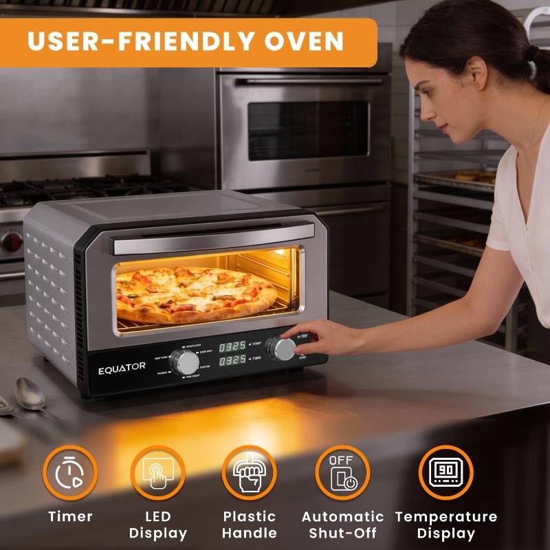 Horno para pizza Equator de 0.5 pies cúbicos para interiores/exteriores con piedra para hornear auténtica – Cocina pizzas de 12 pulgadas, 6 modos preestablecidos, ajustes personalizados y juego de accesorios para un verdadero sabor a pizzería en casa