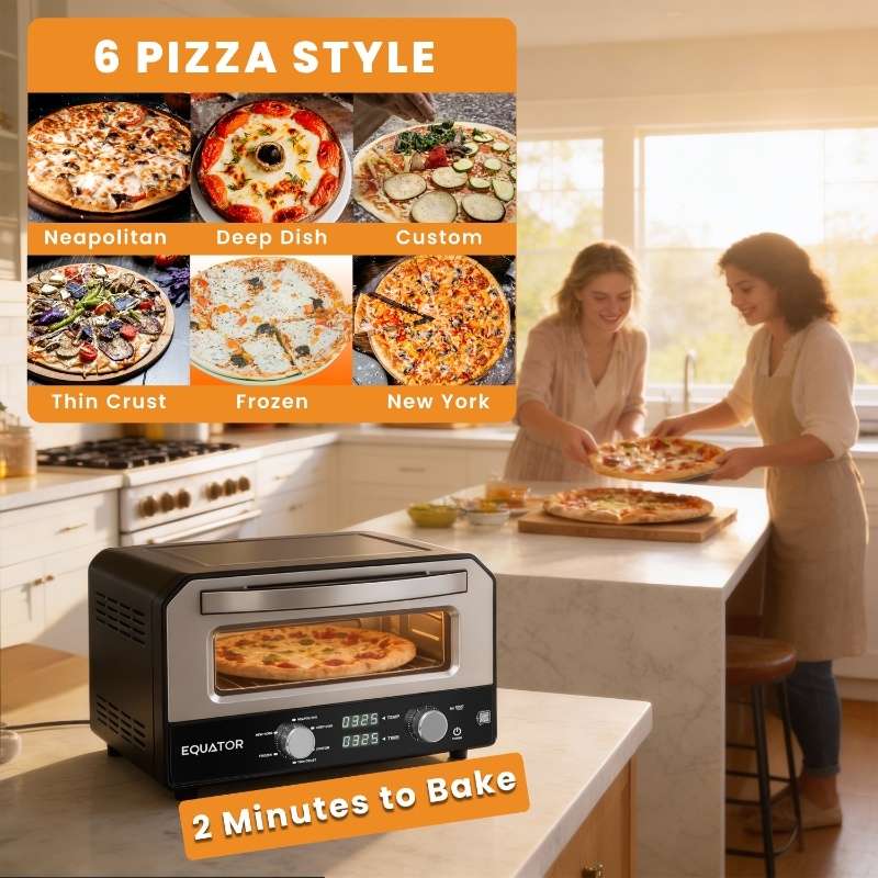 Horno para pizza Equator de 0.5 pies cúbicos para interiores/exteriores con piedra para hornear auténtica – Cocina pizzas de 12 pulgadas, 6 modos preestablecidos, ajustes personalizados y juego de accesorios para un verdadero sabor a pizzería en casa