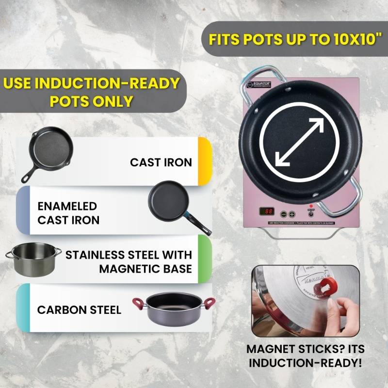 Placa de inducción portátil Equator de 11 pulgadas con un quemador, mango de aluminio LIGHT, 110V