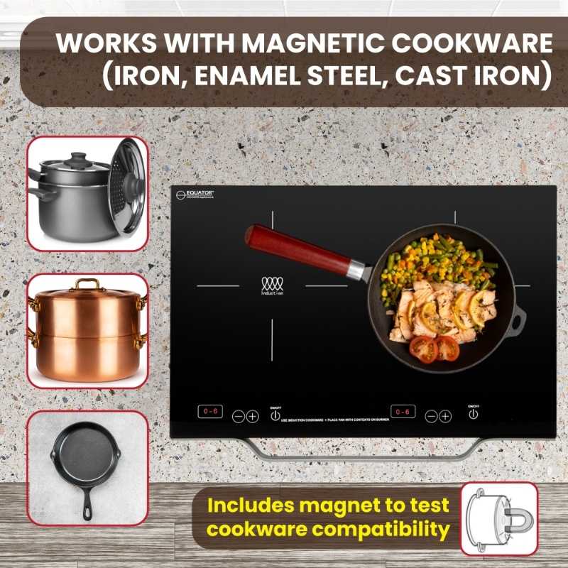 Placa de inducción portátil Equator de 2 quemadores y 21 pulgadas, LIGERA con MANGO DE ALUMINIO, 110 V