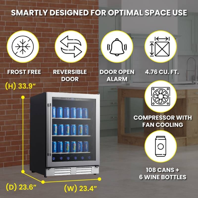 REFRIGERADOR DE BEBIDAS Equator de 24 pulgadas, empotrable/independiente, acero inoxidable, capacidad para 108 latas + 6 botellas, 4.76 pies cúbicos, 110V