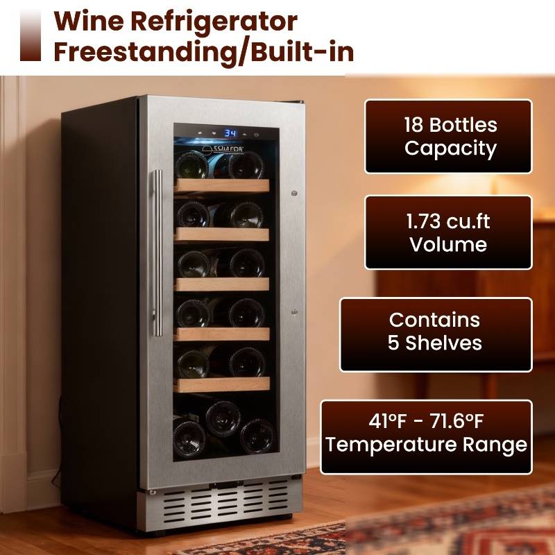 Refrigerador de vinos Equator para 18 botellas, negro, independiente/integrable, LED de 7 colores