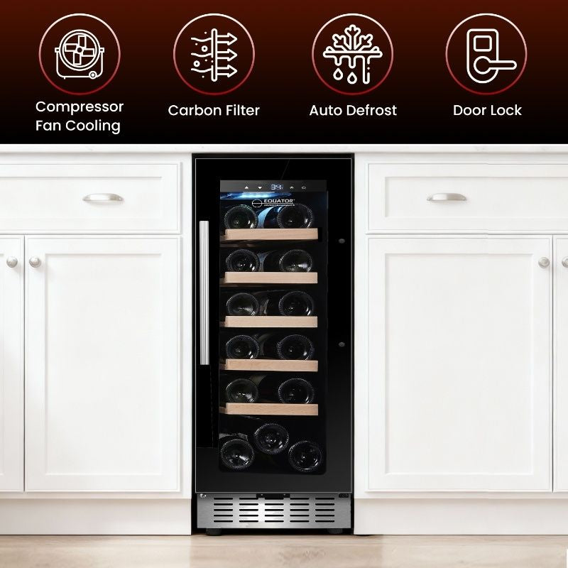 Refrigerador de vinos Equator para 18 botellas, negro, independiente/integrable, LED de 7 colores