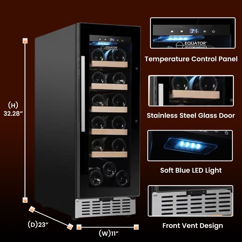 Refrigerador de vinos Equator para 18 botellas, negro, independiente/integrable, LED de 7 colores