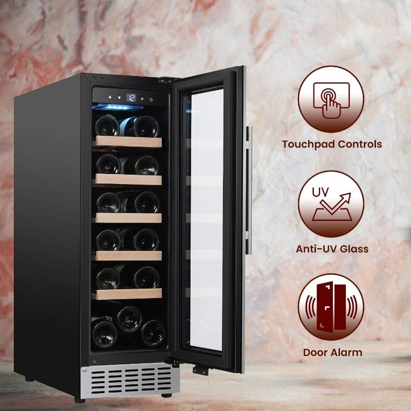 Refrigerador de vinos Equator para 18 botellas, negro, independiente/integrable, LED de 7 colores