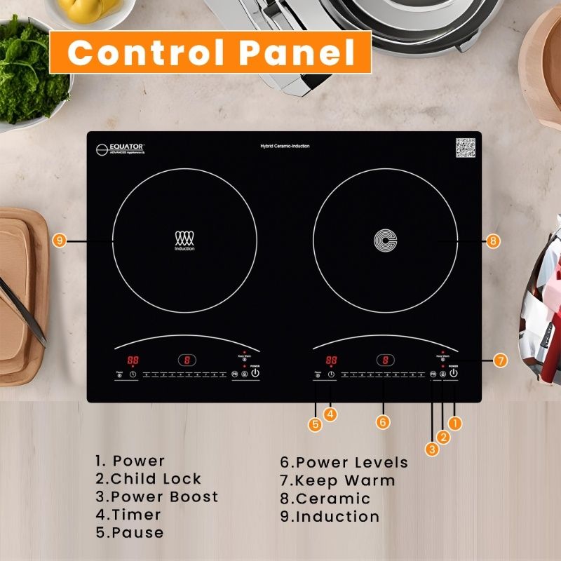 Equator 120V 20 inch 1 Induction and 1 Ceramic Electric Hybrid Cooktop, Black