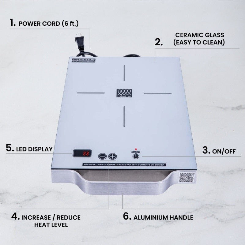 Placa de inducción portátil Equator de 11 pulgadas con un quemador, mango de aluminio LIGHT, 110V