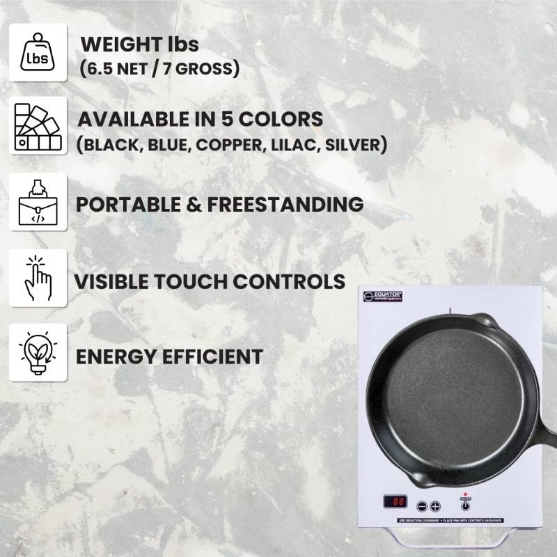 Placa de inducción portátil Equator de 11 pulgadas con un quemador, mango de aluminio LIGHT, 110V