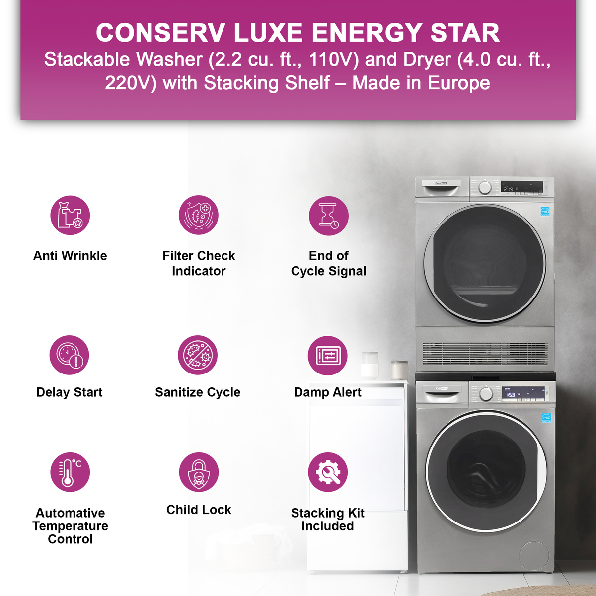 Conserv LUXE Stackable Washer Dryer Set – Compact 110V Washer & 220V Dryer for Apartments