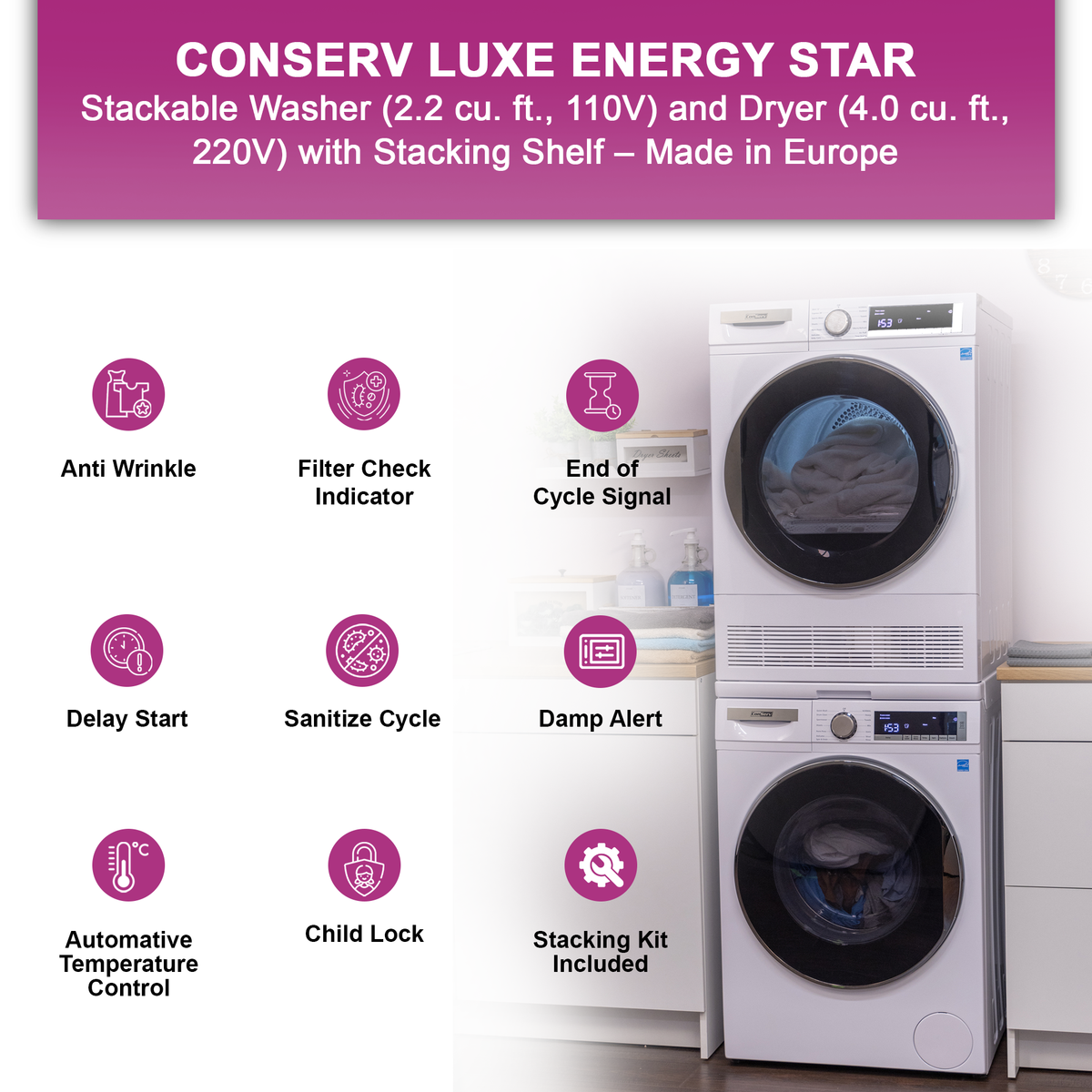 Conserv LUXE Stackable Washer Dryer Set – Compact 110V Washer & 220V Dryer for Apartments