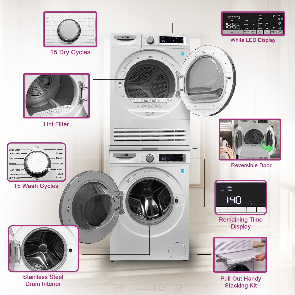 Conserv LUXE Stackable Washer Dryer Set – Compact 110V Washer & 220V Dryer for Apartments